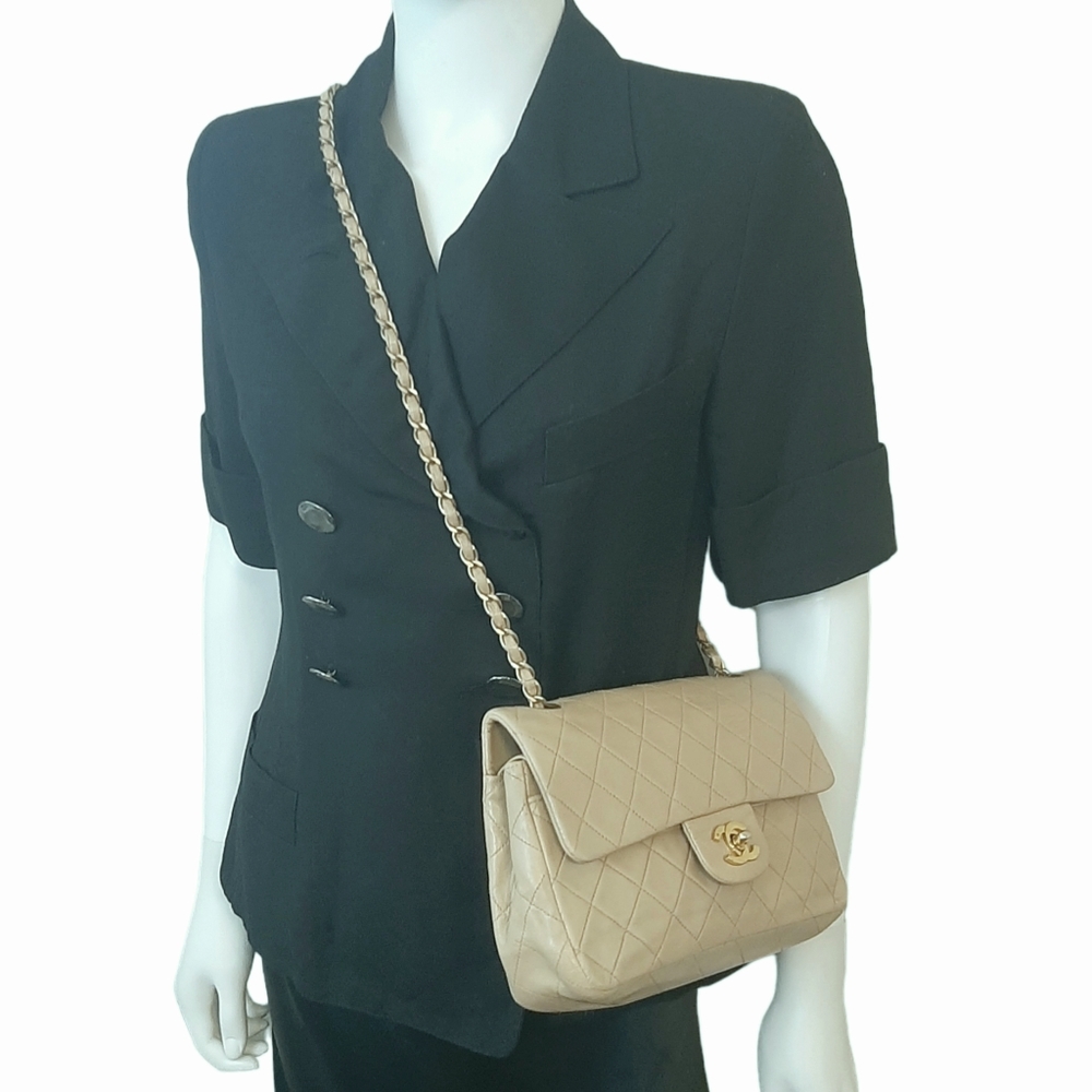 Vtg Chanel Classic Quilted Lambskin Double Flap Bag Beige Small 24k - Picture 3 of 16